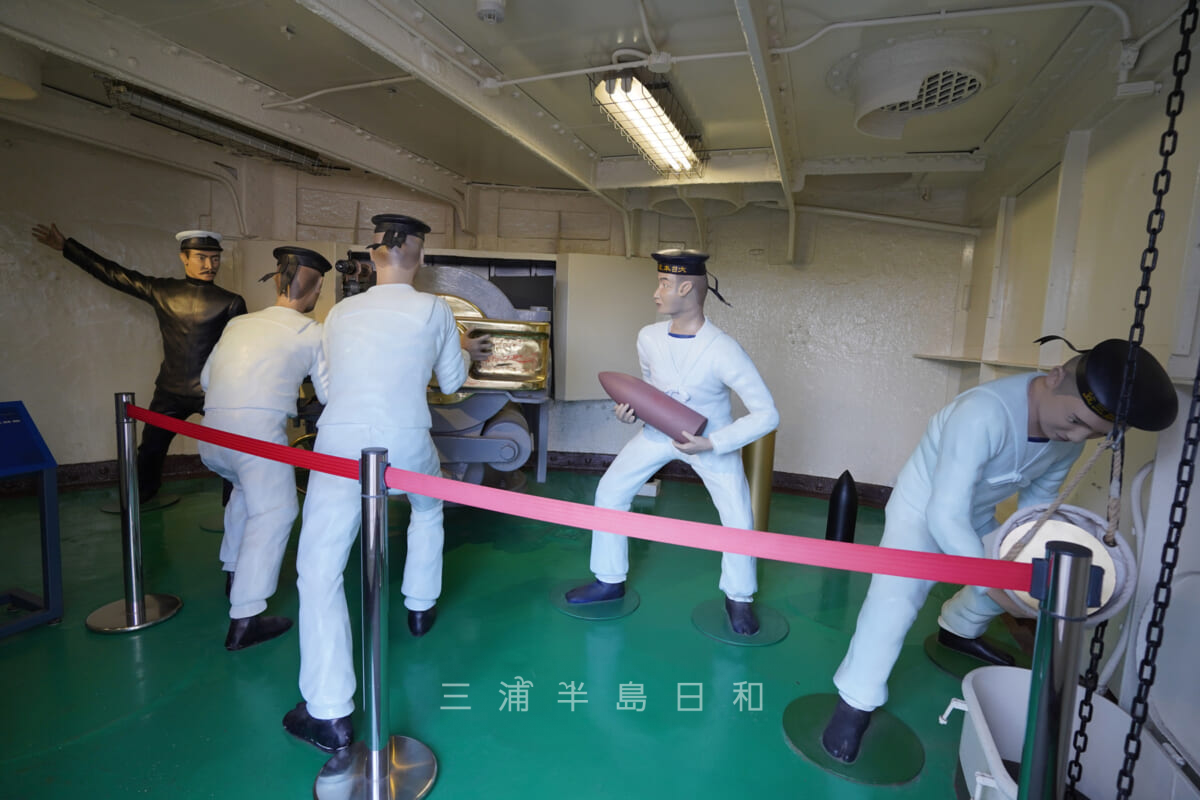 記念艦三笠・15センチ砲室の展示（撮影日：2020.11.17）