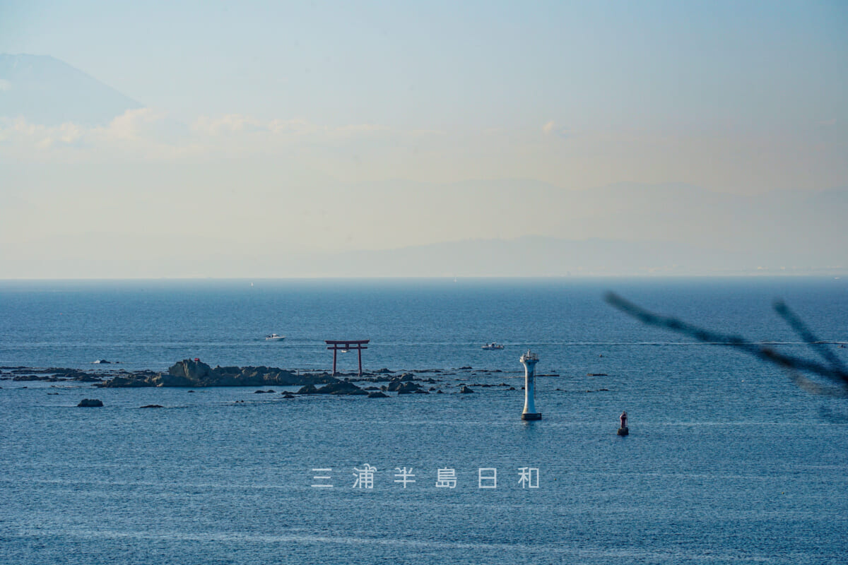 葉山灯台（裕次郎灯台）と名島（菜島）・はやま三ヶ岡山緑地から望む（撮影日：2020.11.13）