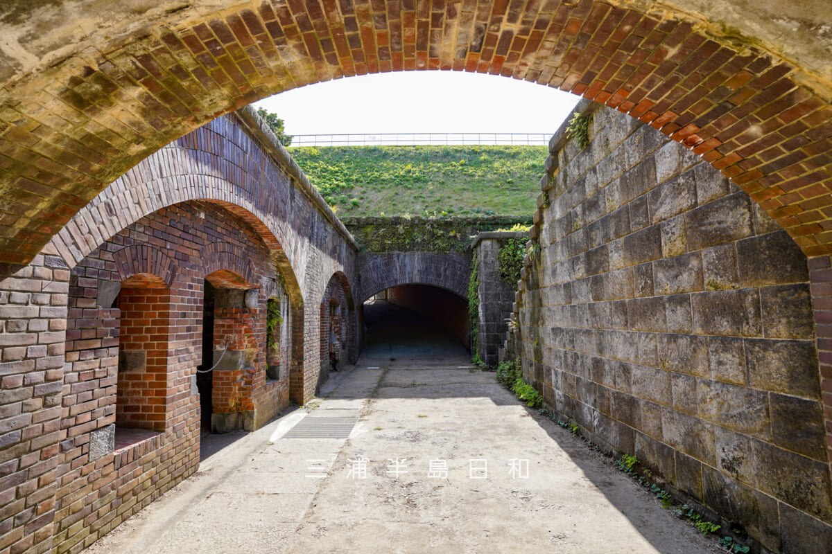 千代ヶ崎砲台跡・塁道のトンネル内より近接防御砲台方面を望む（撮影日：2021.10.24）
