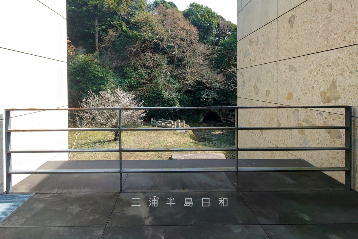 鎌倉歴史文化交流館・本館南側庭園のやぐらと石橋と梅（撮影日：2023.03.09）