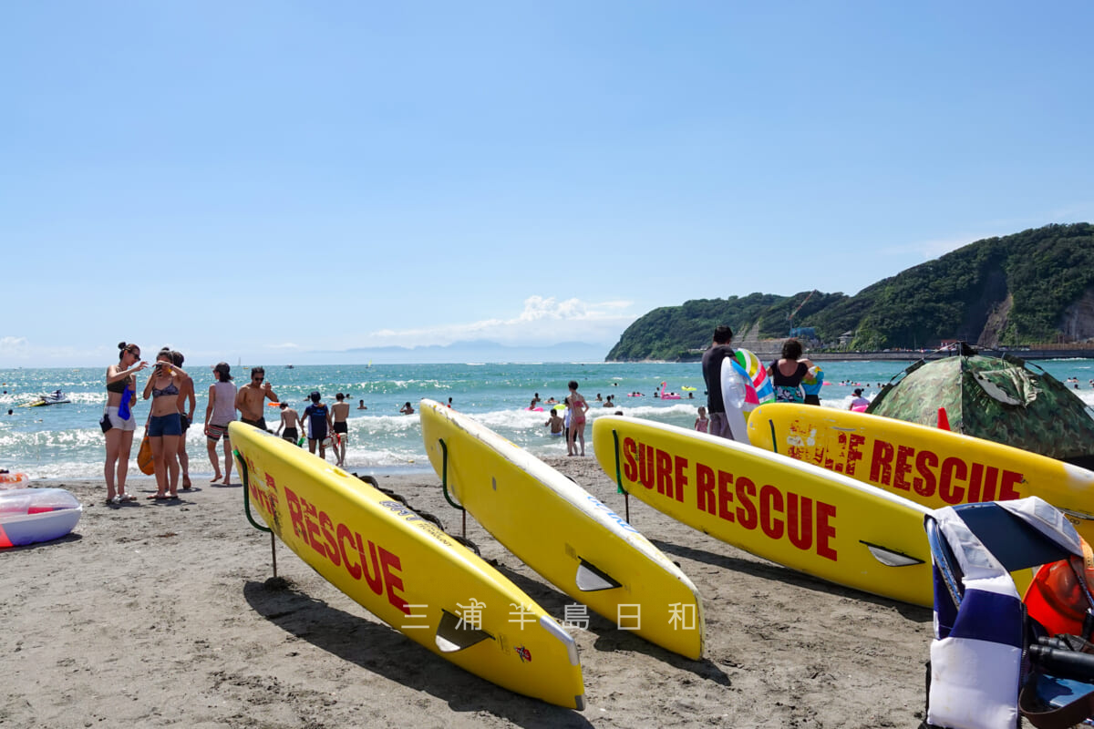 逗子海水浴場・海岸に並ぶ救助用のサーフボード（撮影日：2019.08.11）