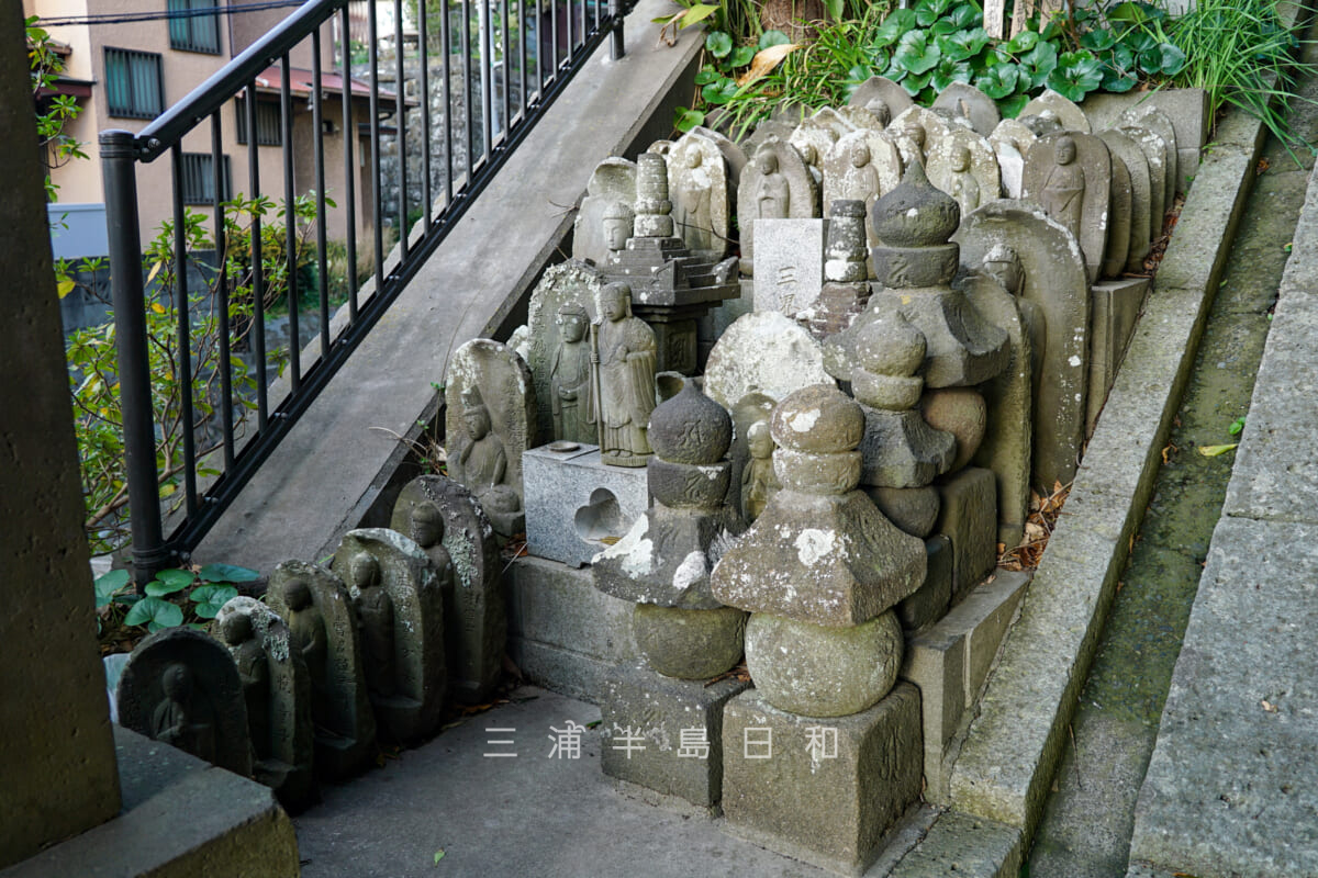 正覚寺（小坪）・境内入口に並ぶ石仏や石塔（撮影日：2024.01.23）