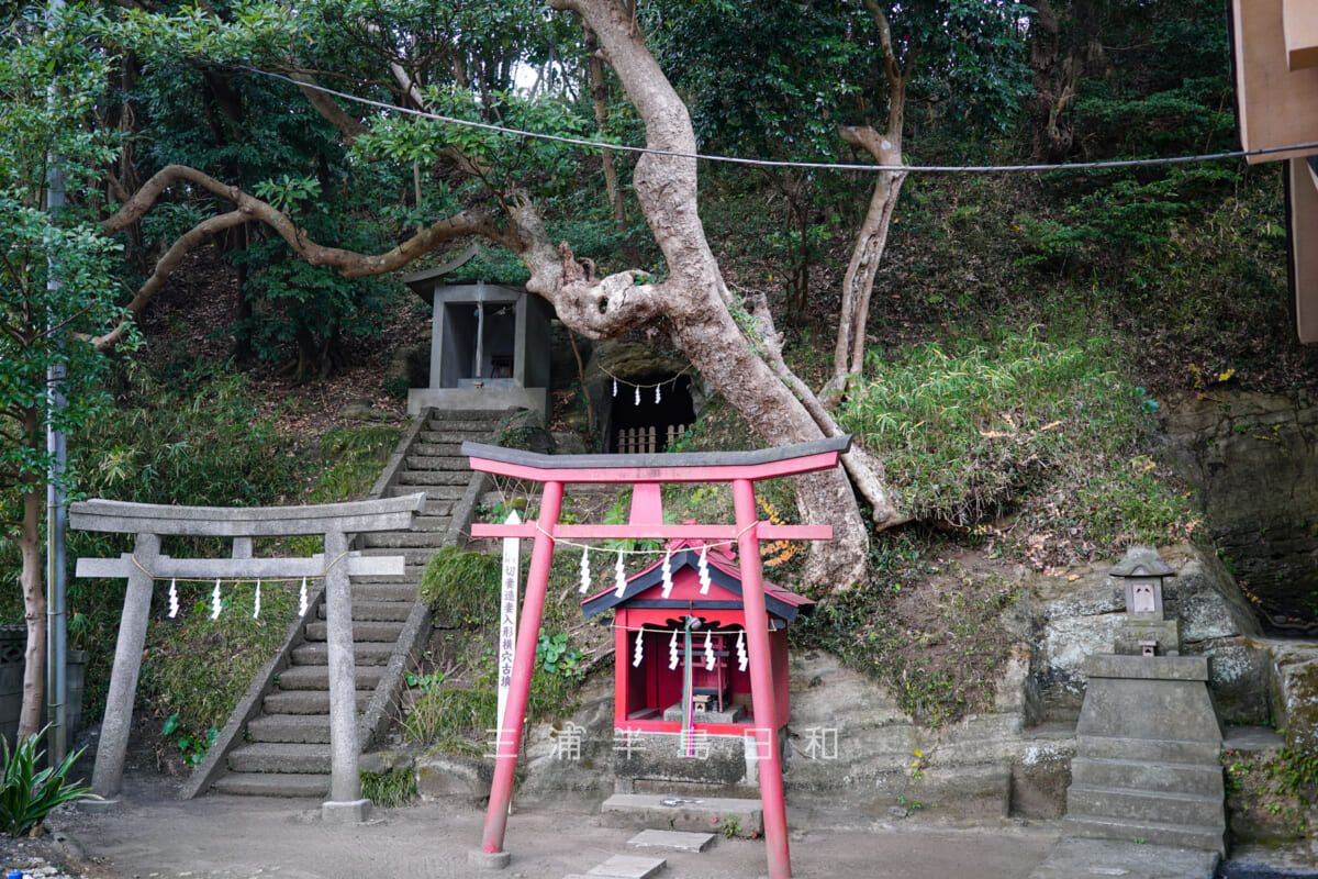 三浦白山神社・右から、浅間神社、稲荷神社、切妻造妻入形横穴古墳、金比羅神社（撮影日：2022.01.26）