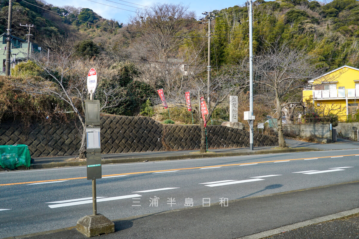 三浦富士（浅間神社奥宮）登山道入口（通研通り・長沢5丁目口）と「浅間神社」バス停（撮影日：2025.01.24）