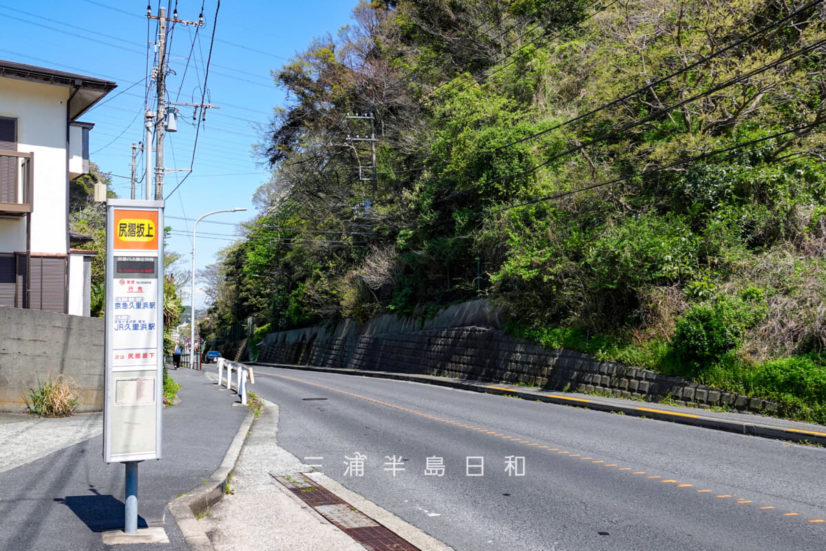 尻こすり坂(尻こすり坂通り)・「尻摺坂上」バス停付近(撮影日:2025.04.09)