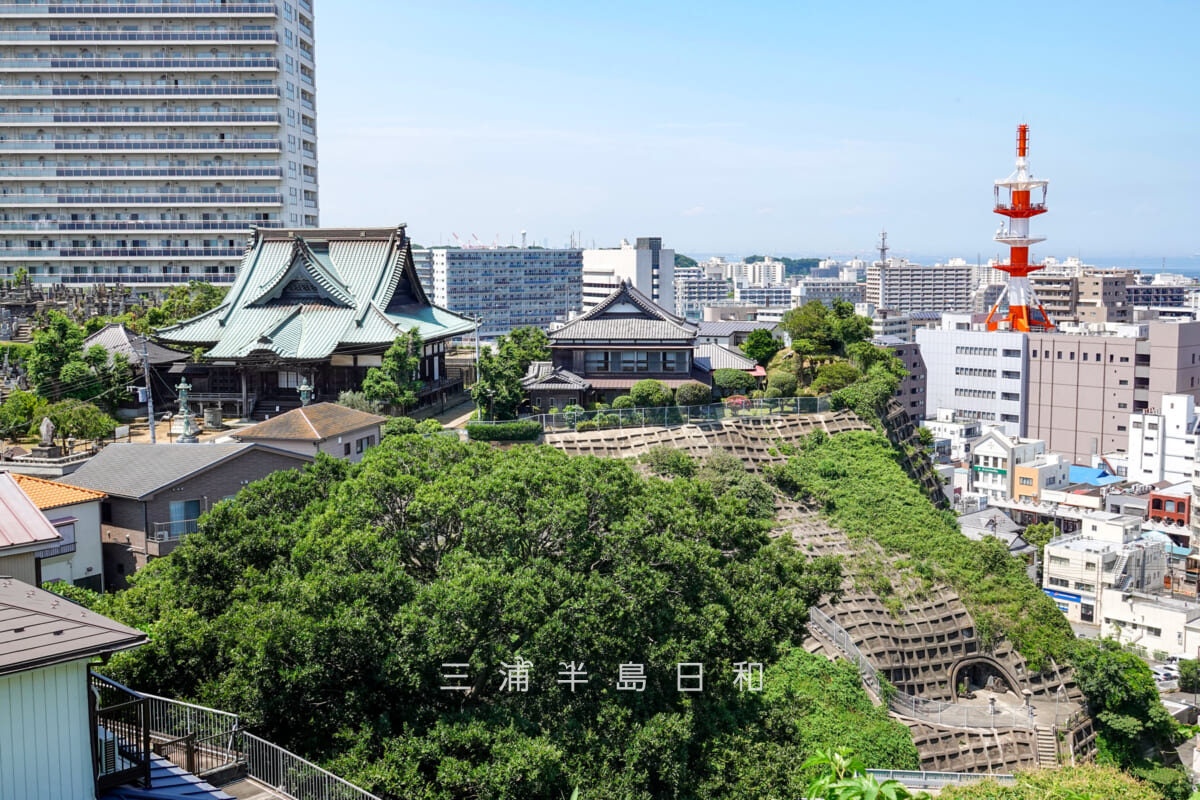 龍本寺（米ヶ浜のお祖師）・境内とお穴さま（右下）を平和中央公園より望む（撮影日：2025.06.19）