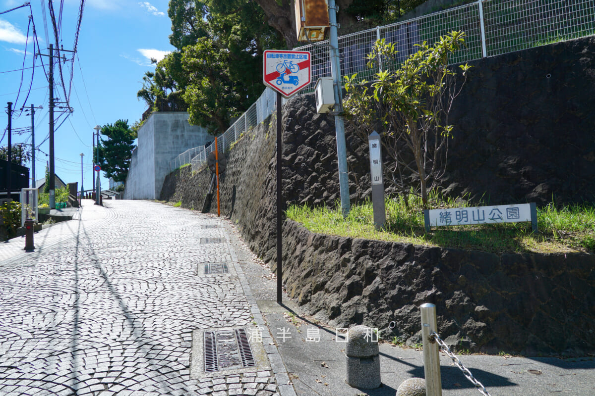 横須賀市立中央図書館に続く緒明山公園横の坂道（下）（撮影日：2025.09.11）
