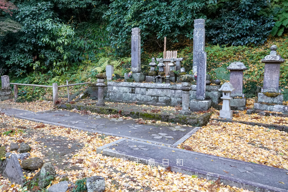 妙本寺・比企一族供養塔とイチョウの落ち葉(撮影日:2025.12.12)