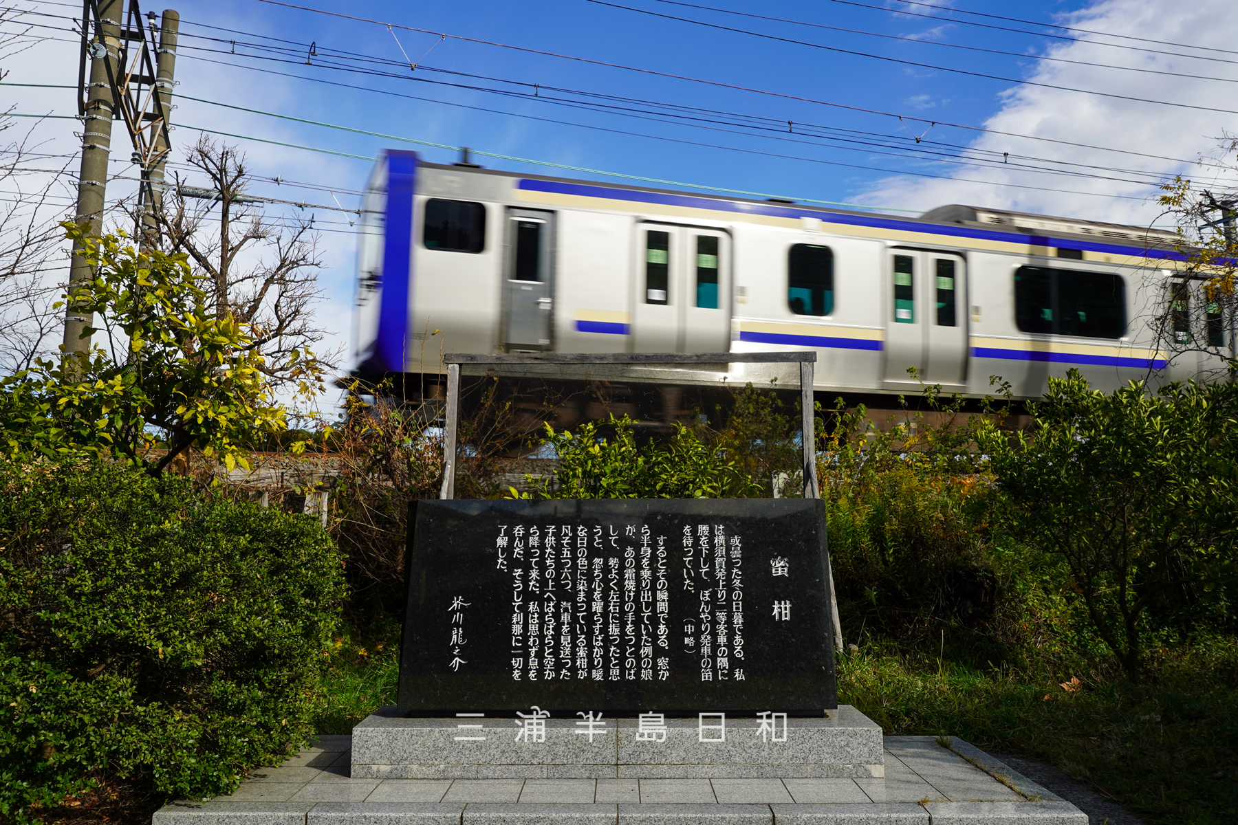 吉倉公園・芥川龍之介「蜜柑」文学碑と横須賀線（撮影日：2025.12.26）